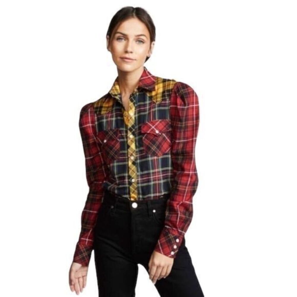 NEW Petersyn x Revolve Aldrich Plaid Button Up Top  in Tarta Red & Yellow